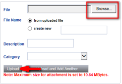 File attachment window with a red box around the Browse button and a red arrow pointing to the Upload button; a note states the maximum attachment size is 10.64 MBytes.