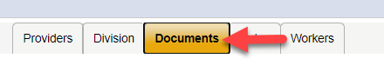 Provider record sub-tabs (Providers, Division, Documents, Notes, Workers) with a red arrow pointing to the Documents tab.