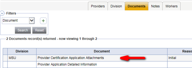 Documents list showing 2 records returned, with a red arrow pointing to the Provider Certification Application Attachments record.