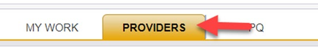 Harmony main chapter tabs (My Work, Providers, PQ) with a red arrow pointing to the Providers tab.
