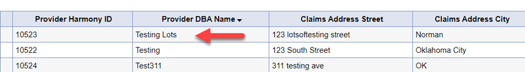 Provider list showing Provider Harmony ID, Provider DBA Name, Claims Address Street, and Claims Address City columns, with a red arrow pointing to a provider row.