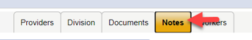 Provider record sub-tabs (Providers, Division, Documents, Notes, Workers) with a red arrow pointing to the Notes tab.