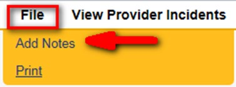 File menu with a red box around File and a red arrow pointing to the Add Notes option.