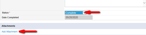 Lower Notes Details showing Status with a red arrow pointing to the Complete dropdown, and a red arrow pointing to the Add Attachment link in the Attachments section.