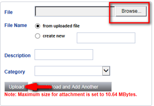 File attachment window with a red box around the Browse button and a red arrow pointing to the Upload button; a note states the maximum attachment size is 10.64 MBytes.